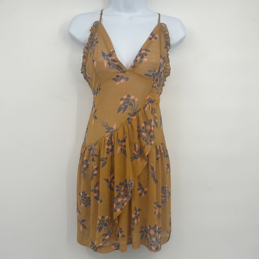 Intimately Free People Womens Mustard Floral Boho Ruffle Slip Dress Size‎ XS